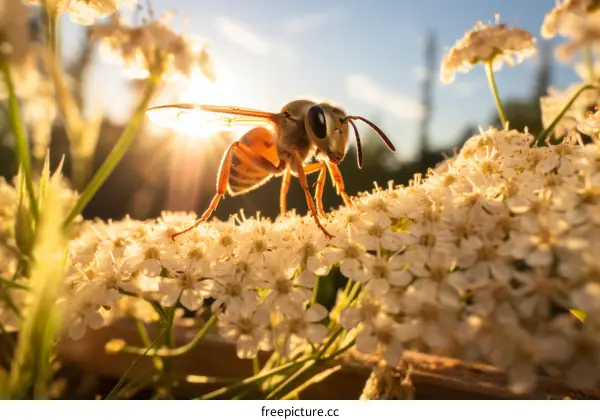 A wasp collects pollen on a sunflower