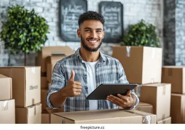Smiling African American Man with Thumbs Up Showing Tablet in Moving Room