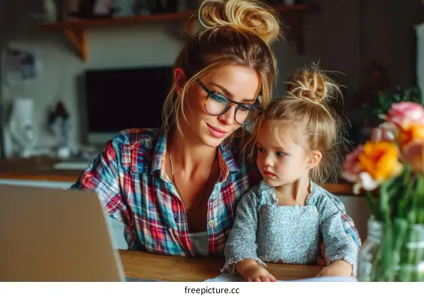 Working Mother and Daughter at Home