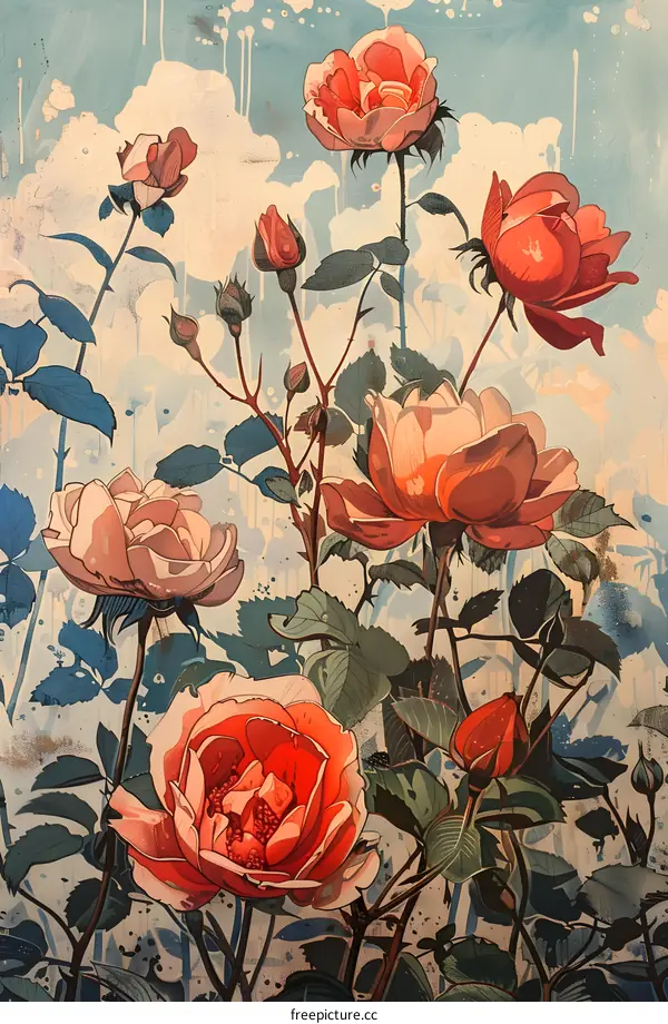 Vintage Illustration of Pink Roses with Blue Background