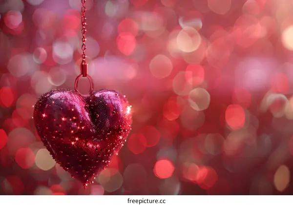 Red heart hanging on a chain with a blurred background of red and pink lights.
