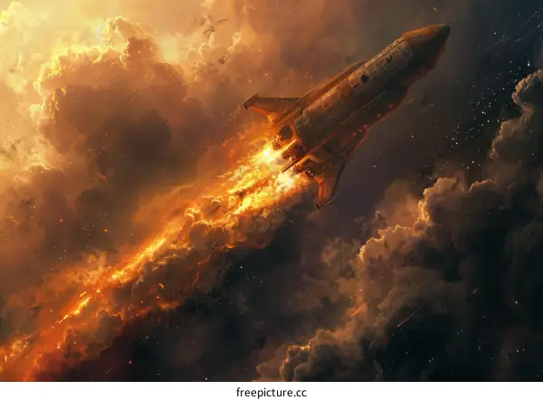 spaceship flies through orange clouds in space