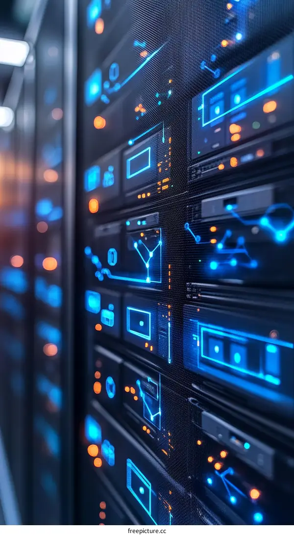 Modern Data Center Server Rack with Interactive Displays