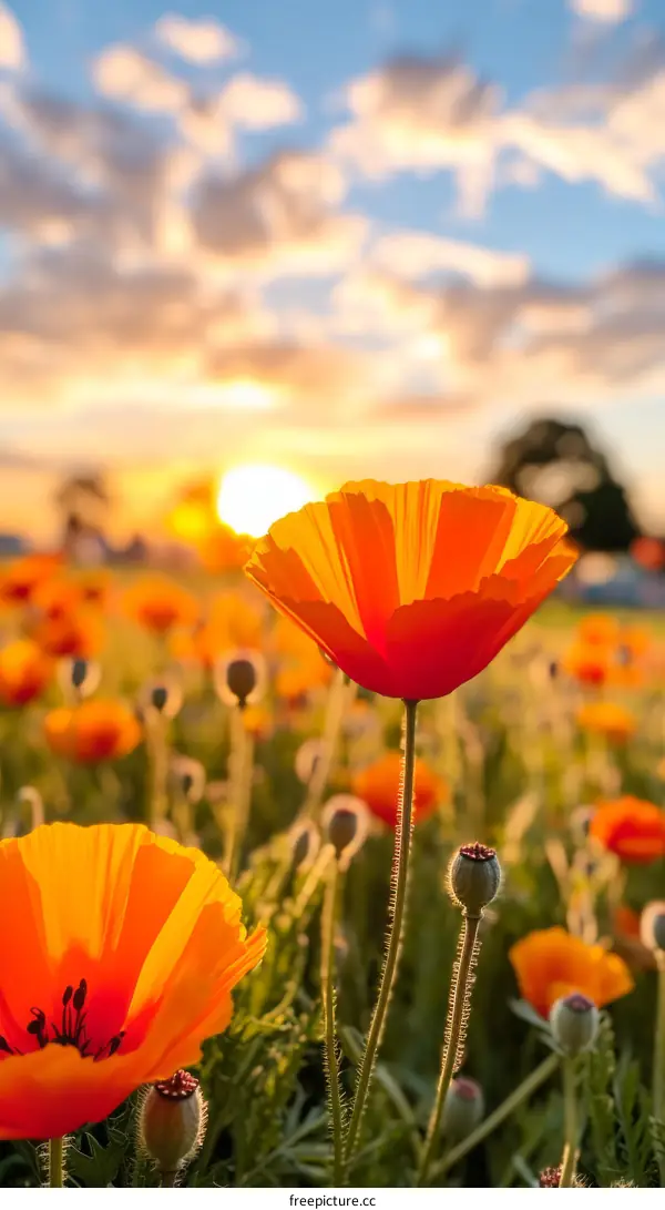 Orange California poppies bloom in a field just before sunset