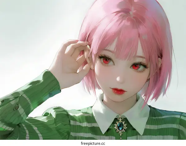 Pink-haired anime girl with red eyes in green striped shirt