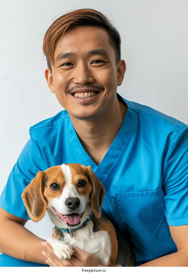 Portrait of a happy Asian veterinarian with a beagle