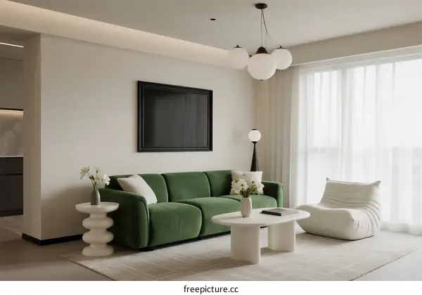 Modern Living Room with Green Sofa and White Decor Elements