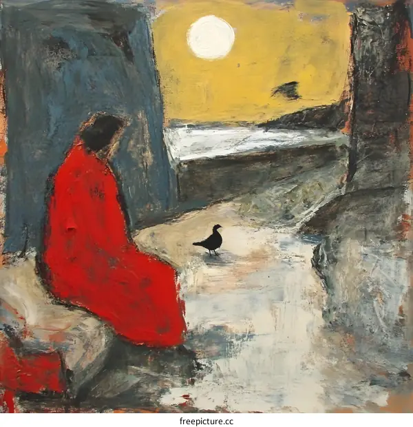 Abstract Painting of a Woman in Red Sitting By a Window with a Bird in the Foreground
