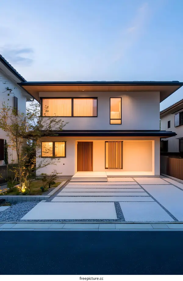Modern Japanese Style House Exterior Design With Stone Gravel Landscaping