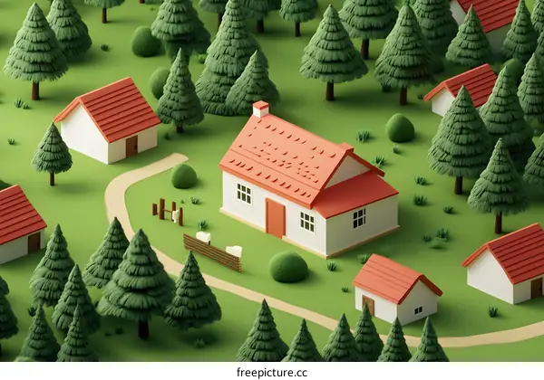 3D Illustration of a Small Village in a Forest