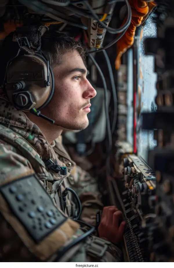 A soldier wearing a headset looks out the window of an aircraft.