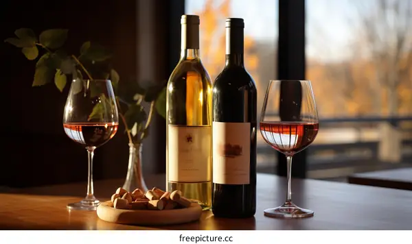 Two glasses of red wine and a bottle of white wine on a wooden table near a window
