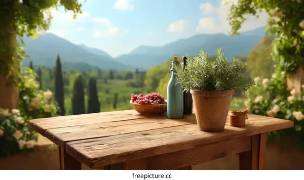 Rustic Wooden Table with Vineyard View