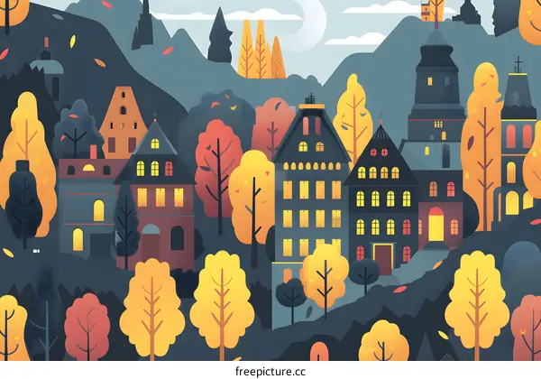Autumn Village Illustration With Colorful Trees