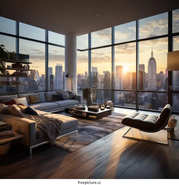 Modern Apartment Living Room with City Skyline View