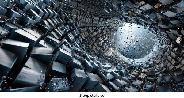 Abstract 3D Rendering of Tunnel, Gray Cubes