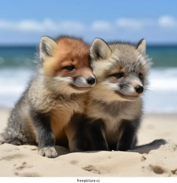 Two Adorable Baby Foxes Sitting on the Beach
