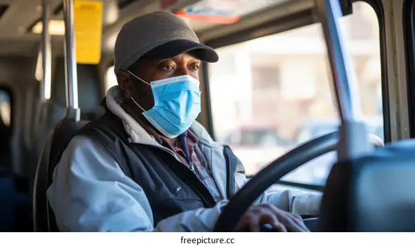 A bus driver wearing a mask