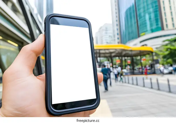 Smartphone Mockup with Blank Screen in Hand in Busy City