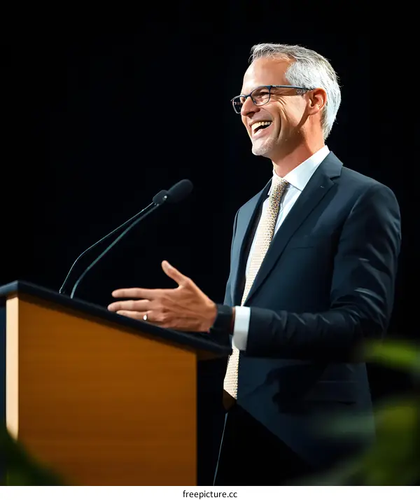 Smiling Businessman Giving a Speech on Stage