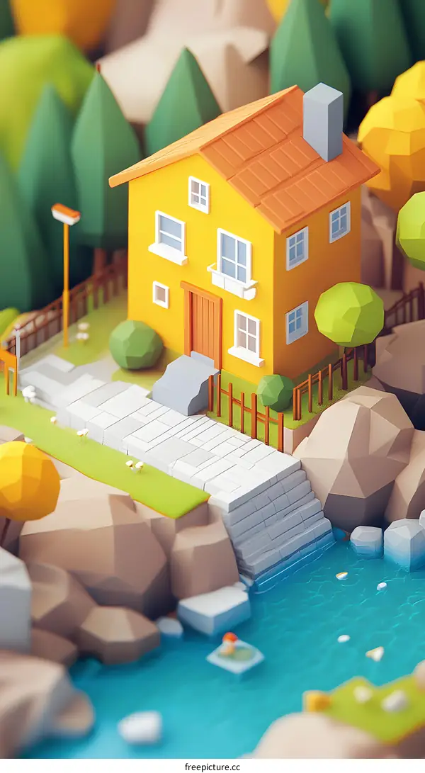 Low Poly House with River and Trees