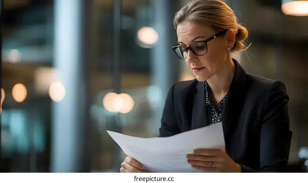 Businesswoman Reading Documents in Office