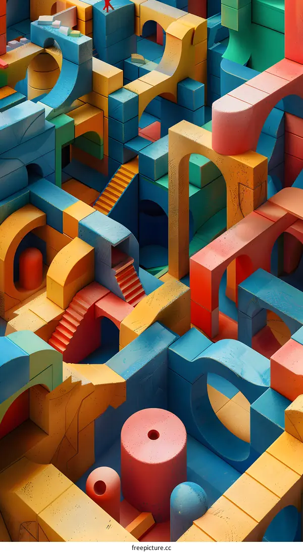 Colorful 3D maze with staircases and archways