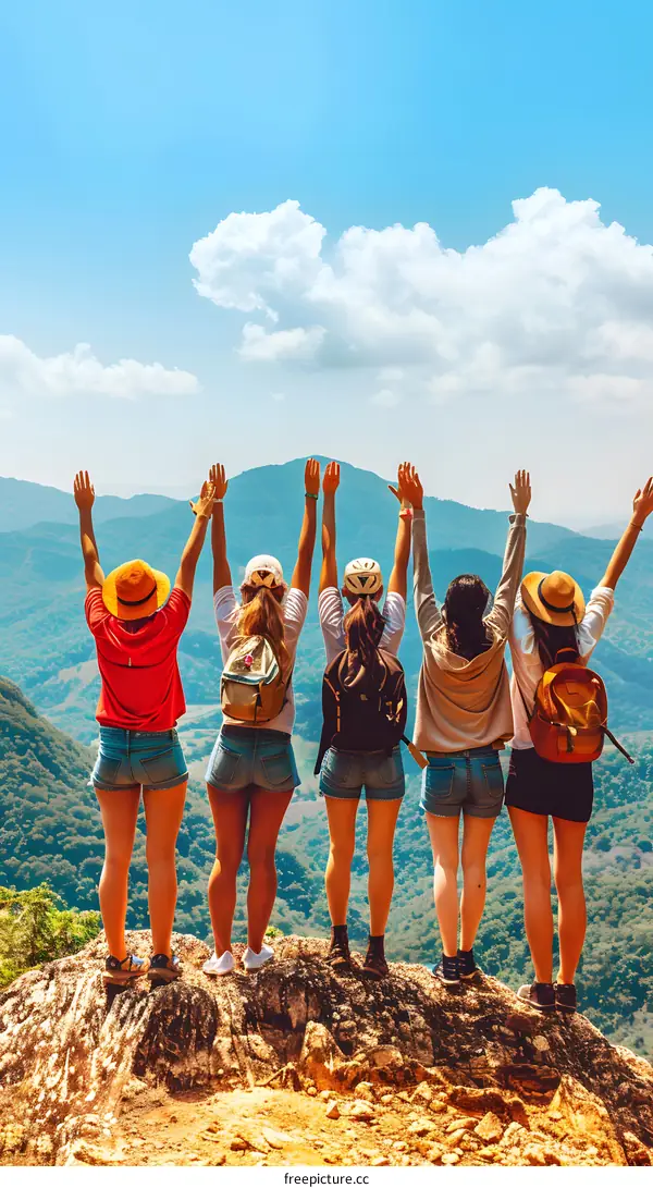 Five Friends Enjoying Beautiful Mountain View