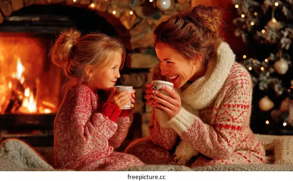 Winter Cozy Christmas Family by Fireplace