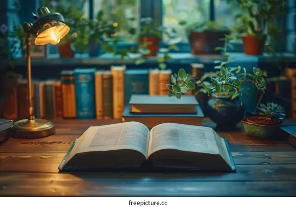 A desk with a lamp, books, and plants