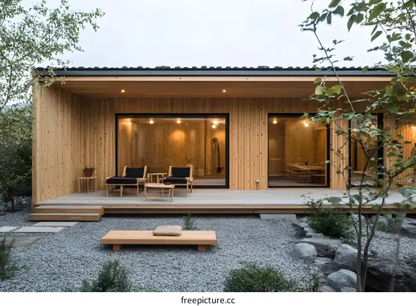 Modern Wooden House with Deck and Gravel Garden