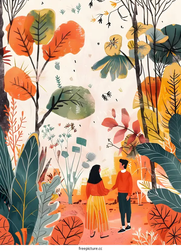 Couple Walking Through Abstract Forest Illustration