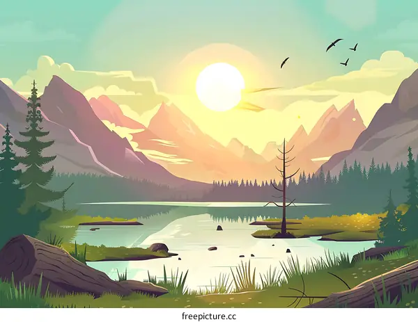 Mountain Lake Sunset Landscape Illustration