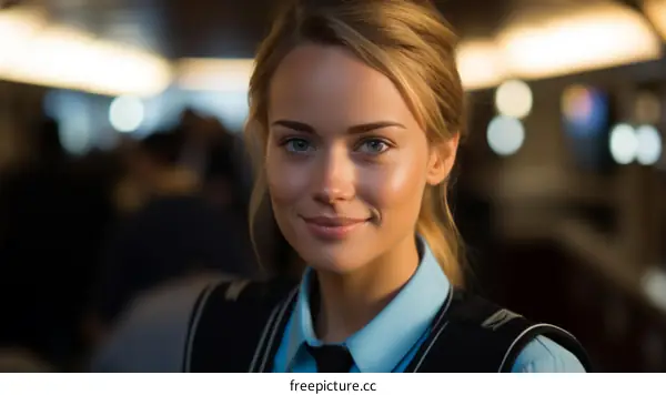 Portrait of a young stewardess with blonde hair smiling at the camera
