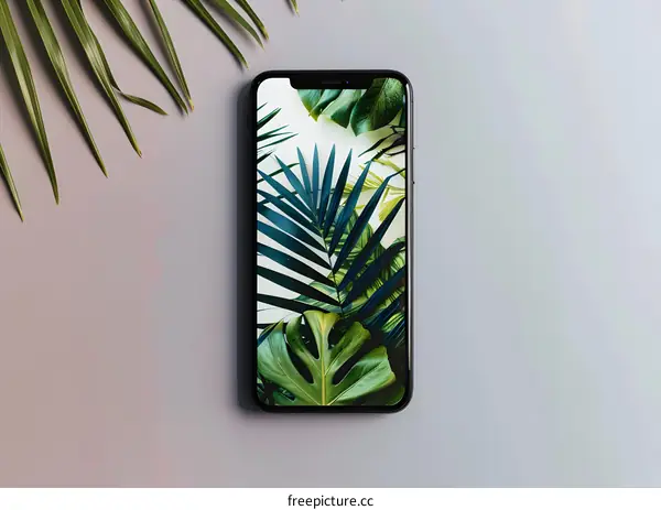 Smartphone with Tropical Leaves Wallpaper