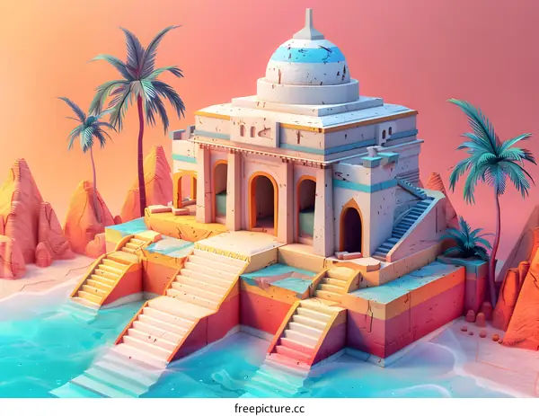 Abstract 3D Illustration of a Tropical Temple
