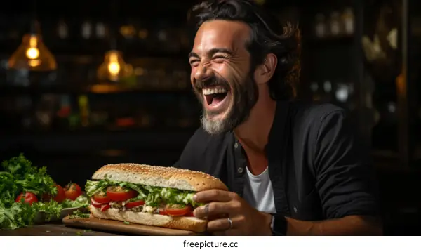 Bearded man laughing with a big sandwich in his hands