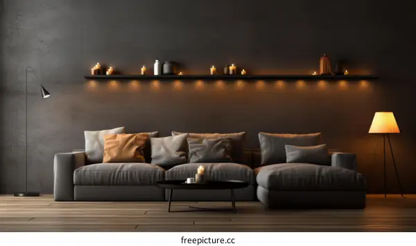 Modern Living Room with Gray Sofa, Coffee Table, and Candles