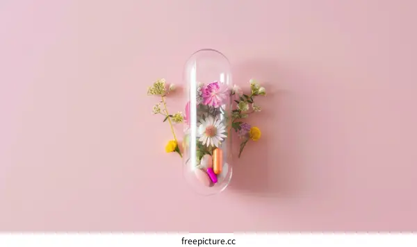 Close-up image of pills and flowers