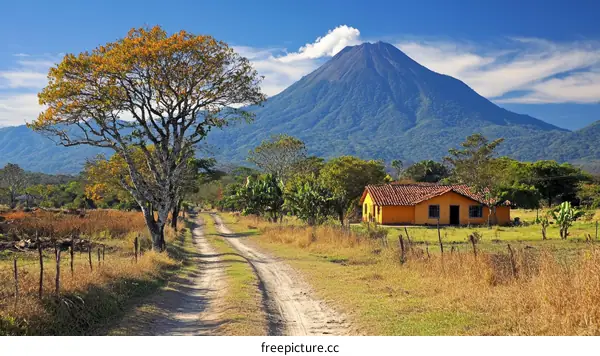 Rural Landscape with Volcano and Farmhouse