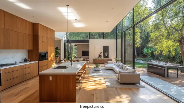Modern Open-Plan Kitchen and Living Area with Garden View