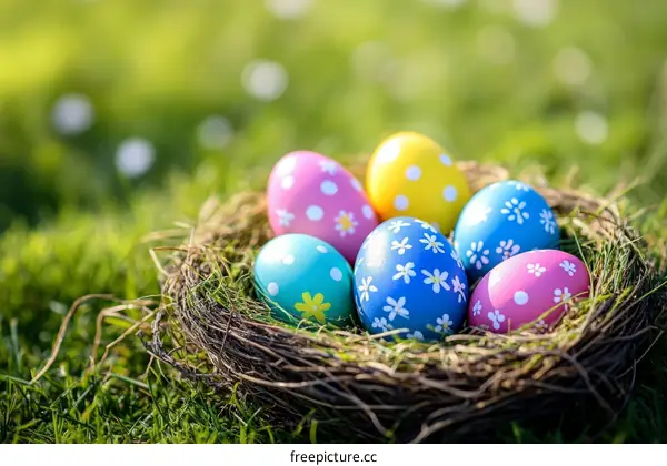 Easter Eggs in a Nest in a Meadow