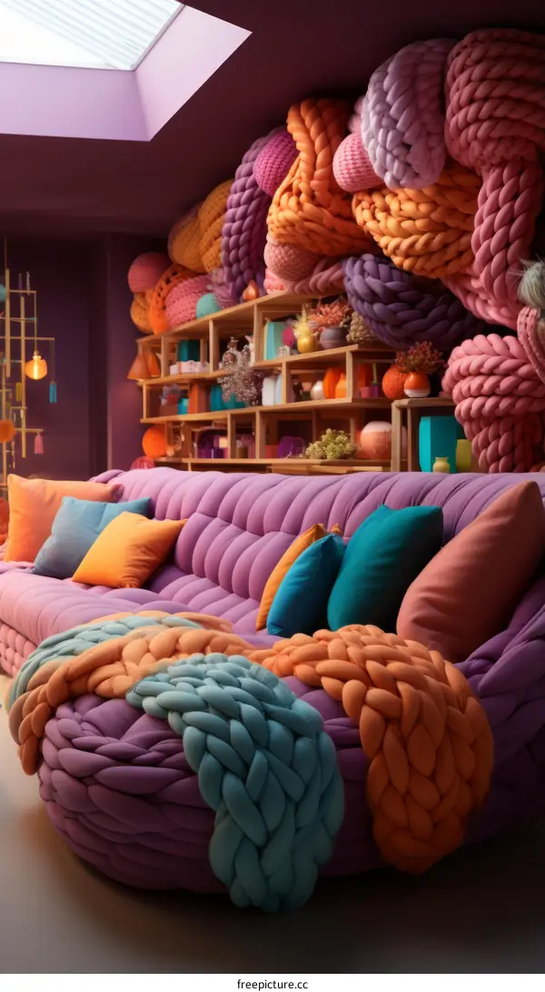 Cozy Living Room with Purple Sectional Sofa and Colorful Yarn Wall Hanging