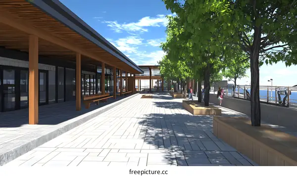 Modern Building Design with Wooden Beams and Open Courtyard