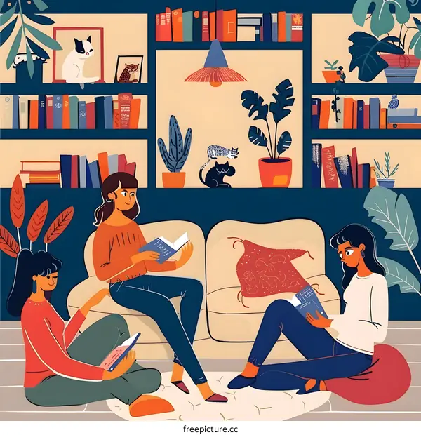 Three Friends Reading Books In Cozy Living Room