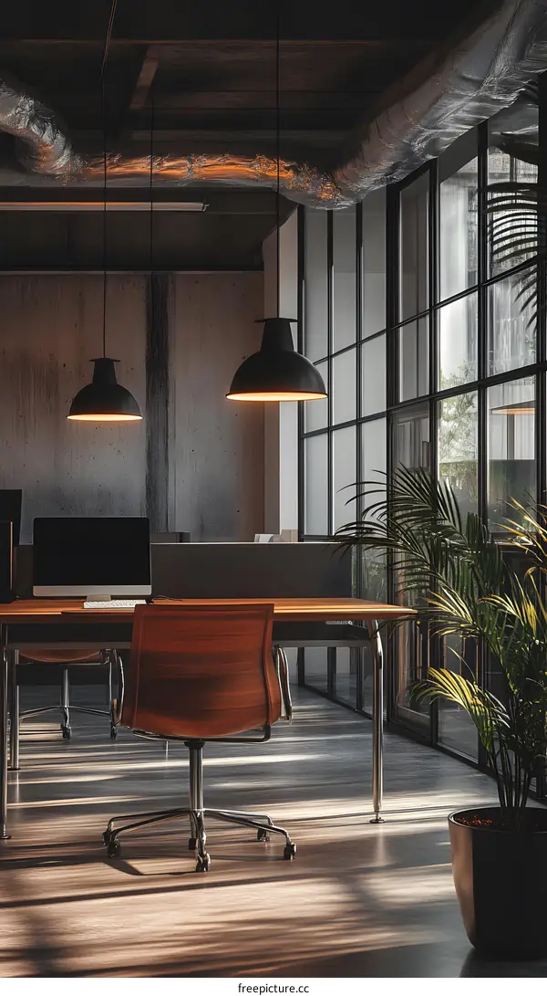 Modern Office Space with Large Windows and Wooden Floors