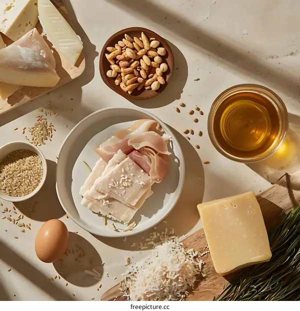 Cheese, Ham, Egg, Rice and Olive Oil Ingredients for Pasta Dish