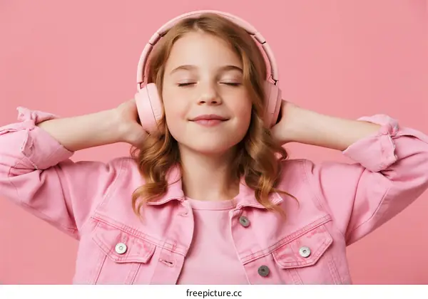Young Girl Wearing Pink Headphones and Denim Jacket