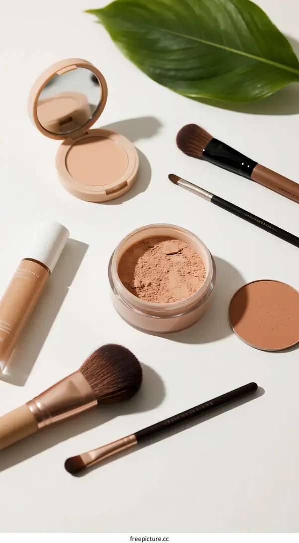 Cosmetic Products with Brushes and Leaf on White Background