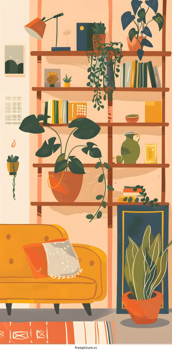 Living Room with Bookshelves and Plants Illustration